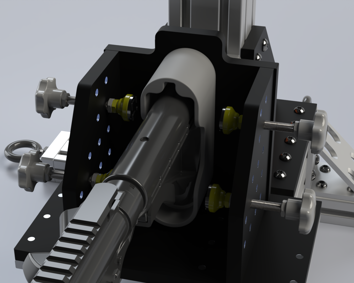 Close up showing stock mounting setup of the UMPIRE Static test fixture.